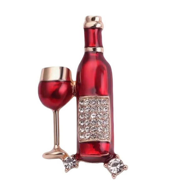 Sparkling rhinestone wine bottle and wine, glass metal brooch. Gold and red. - Picture 4 of 5